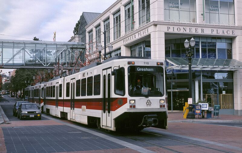 File:MAX train on Yamhill St with Pioneer Place (1991) - Portland, Oregon.jpg
