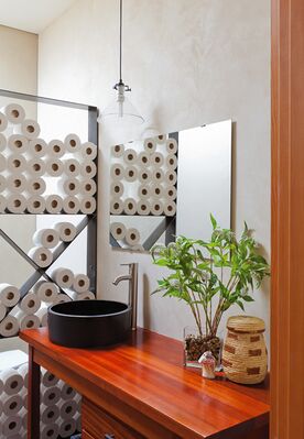 Mary Ellen designed the X-shaped toilet paper storage to create more privacy in the hall bathroom.