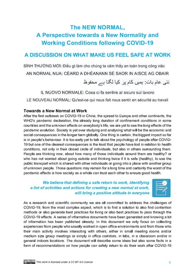 A Perspective towards a New Normality and Working Conditions following COVID-19 - A DISCUSSION ON WHAT MAKE US FEEL SAFE AT WORK